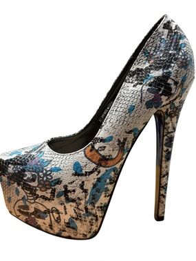 Rosette Elle-28 Platform Heels Womens 7 Snake Print Goth Pin Up Stiletto Skull